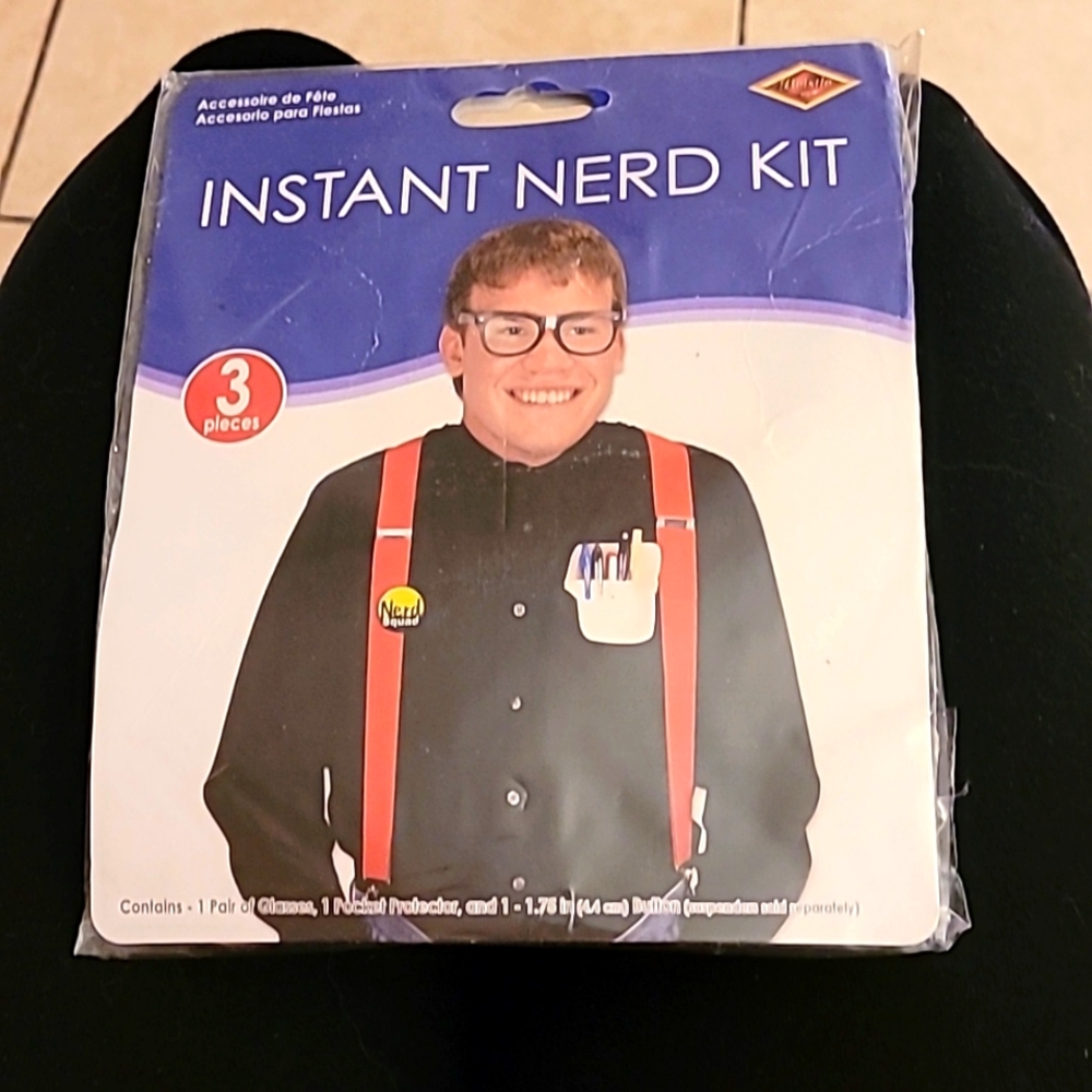 New instant nerd kit; 3 pieces: glasses, pin & pocket protector.